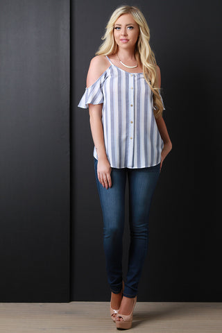 Stripe Button Decor Open Shoulder Top