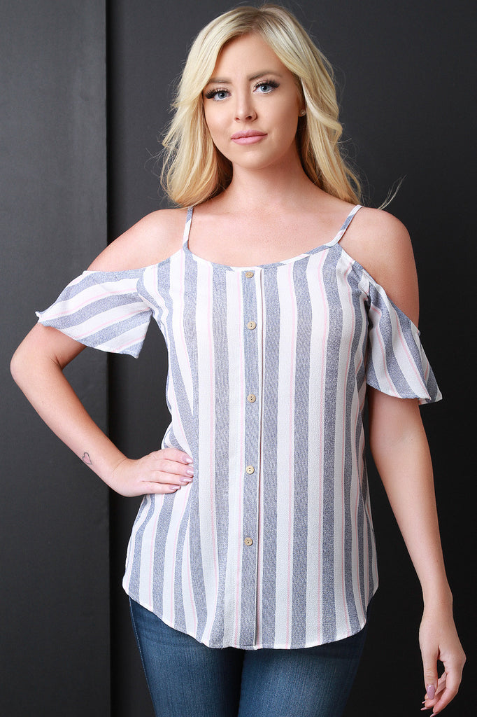 Stripe Button Decor Open Shoulder Top