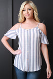 Stripe Button Decor Open Shoulder Top