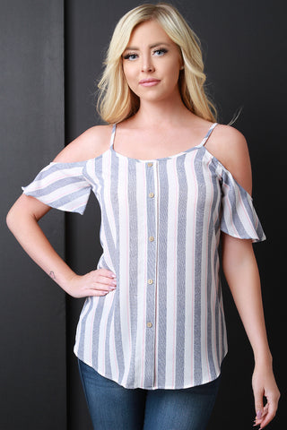 Stripe Button Decor Open Shoulder Top