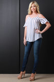 Stripe Button Decor Open Shoulder Top