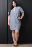 Distressed Lace-Up Short Sleeves Shift Dress