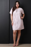 Distressed Lace-Up Short Sleeves Shift Dress