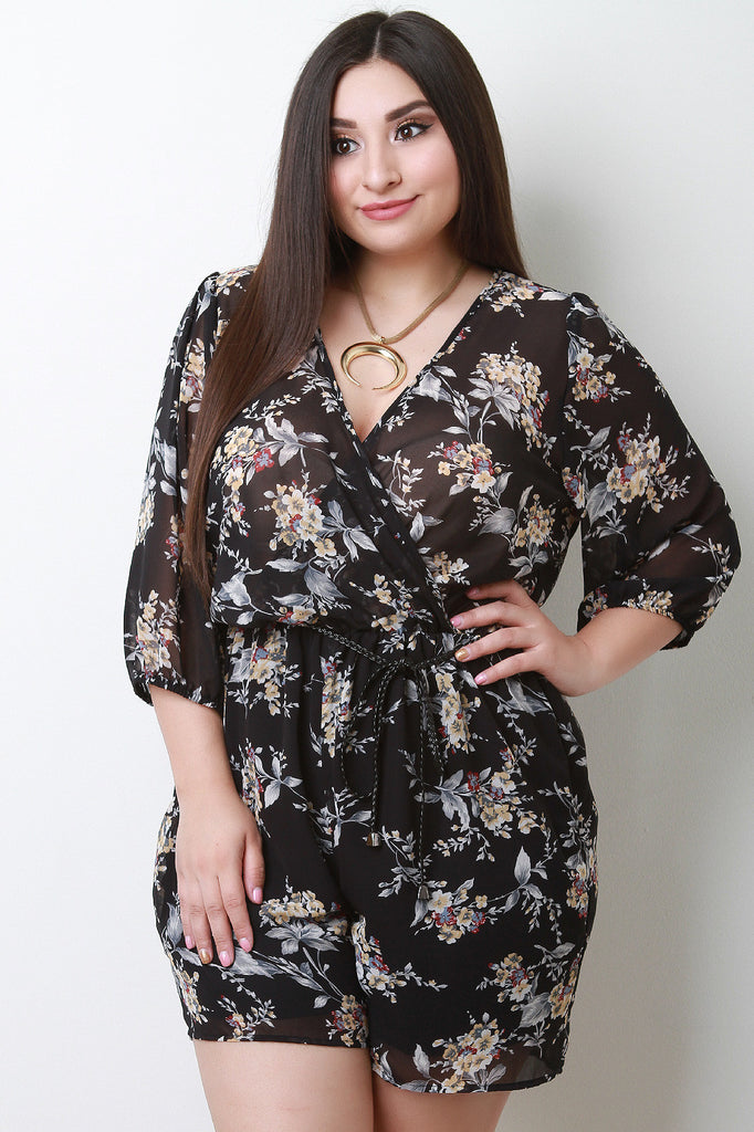 Floral Surplice Self-Tie Belted Romper