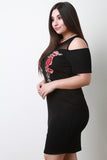 Rose Embroidered Cold Shoulder Mesh Midi Dress
