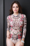 Semi-Sheer Floral Baroque Mock Neck Bodysuit