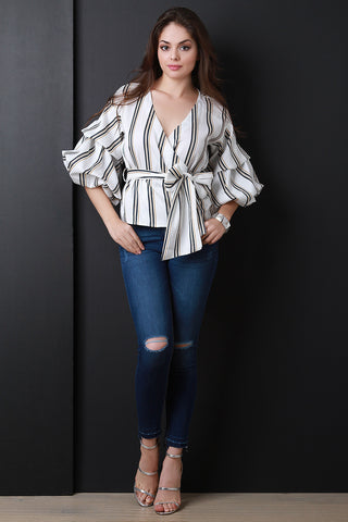 Striped Surplice Bubble Sleeve Top