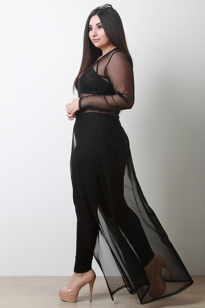 Semi-Sheer Mesh Long Sleeve Slit Cover-Up Maxi Dress