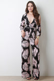 Palm Leaf Print Surplice Wide Leg Jumpsuit