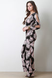 Palm Leaf Print Surplice Wide Leg Jumpsuit
