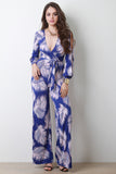 Palm Leaf Print Surplice Wide Leg Jumpsuit