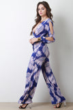 Palm Leaf Print Surplice Wide Leg Jumpsuit