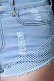 Frayed Distress Fishnet Mesh Denim Shorts
