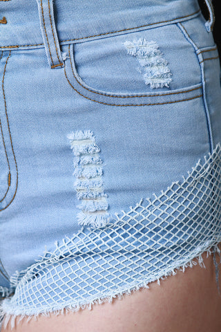 Frayed Distress Fishnet Mesh Denim Shorts