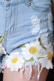 Frayed Embroidered Daisy Applique Distress Denim Shorts