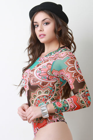 Semi-Sheer Tribal Pattern Bodysuit