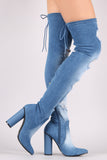 Drawstring-Tie Cylindrical Heeled OTK Fitted Denim Boots