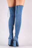 Drawstring-Tie Cylindrical Heeled OTK Fitted Denim Boots