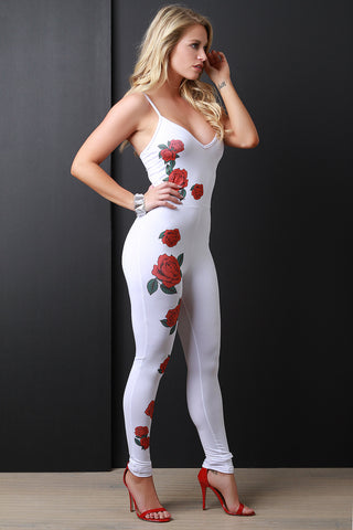 Floral Print Spaghetti Strap Stretchy Jumpsuit