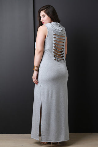 French Terry Hooded Slashed Back Maxi Dress