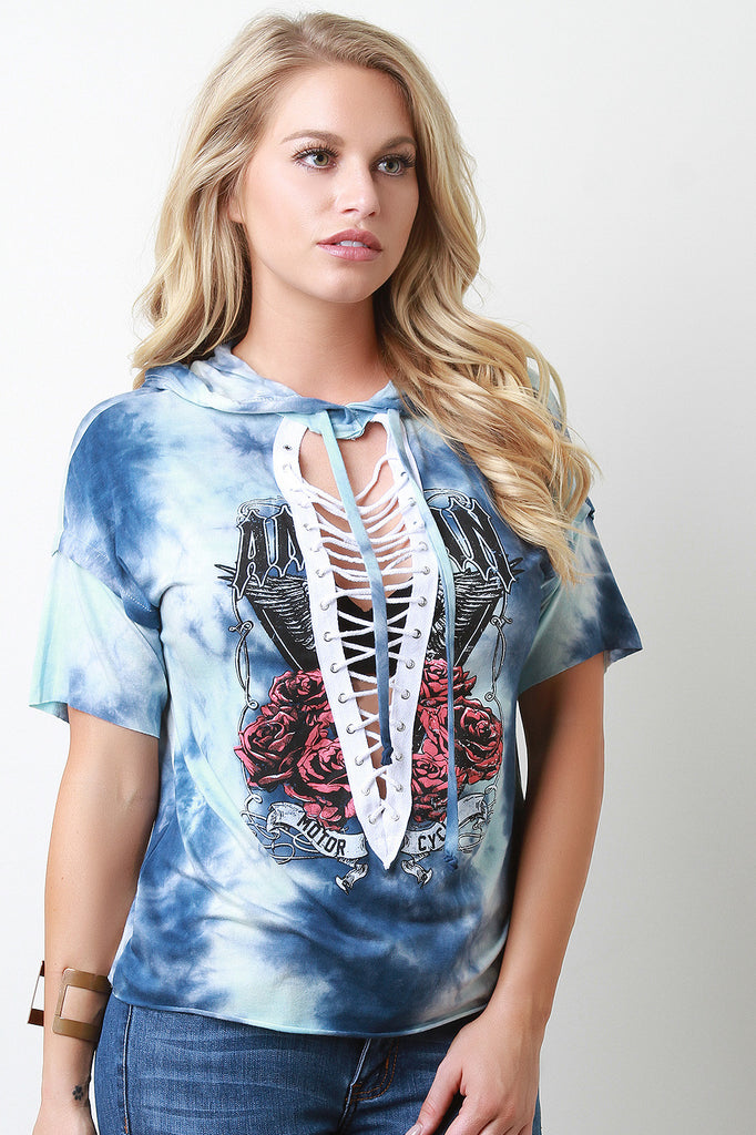 Tie Dye Hooded Graphic Print Lace-Up Top