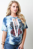 Tie Dye Hooded Graphic Print Lace-Up Top