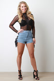 Side Ribbon Eyelet Lace-Up Frayed Denim Shorts