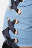 Side Ribbon Eyelet Lace-Up Frayed Denim Shorts
