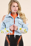 Distressed Cold Shoulders Embroidered Crop Denim Jacket