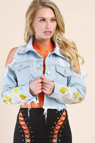 Distressed Cold Shoulders Embroidered Crop Denim Jacket
