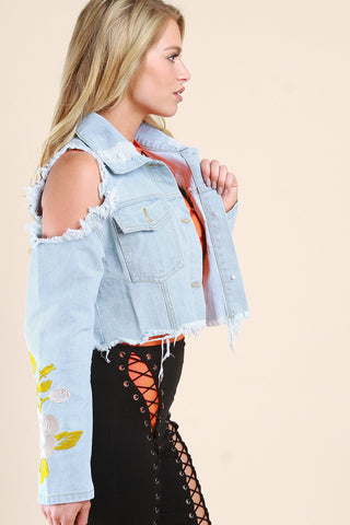 Distressed Cold Shoulders Embroidered Crop Denim Jacket