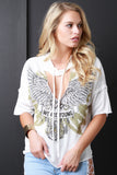 Graphic Print Terry Knit Hooded V-Cutout Top