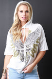 Graphic Print Terry Knit Hooded V-Cutout Top