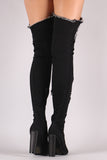 Distressed Denim Pointy Toe Chunky Heeled Over-The-Knee Boots