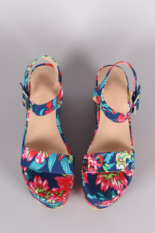 Floral Print Ankle Strap Flatform Wedge