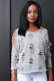 Distress Cold Shoulder Terry Knit Top
