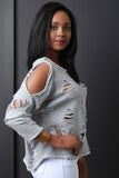 Distress Cold Shoulder Terry Knit Top