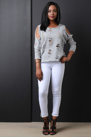 Distress Cold Shoulder Terry Knit Top