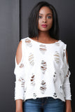 Distress Cold Shoulder Terry Knit Top