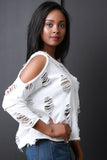 Distress Cold Shoulder Terry Knit Top