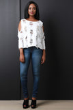 Distress Cold Shoulder Terry Knit Top