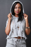 Hoodie Distress Boxy Terry Cloth Sweater Top