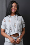 Hoodie Distress Boxy Terry Cloth Sweater Top
