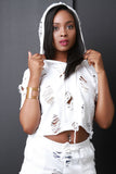 Hoodie Distress Boxy Terry Cloth Sweater Top