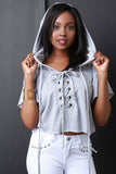 Lace-up Eyelet Drawstring Hoodie Crop Sweater Top