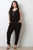 V-Neck Lace-Up Sleeveless Jersey Knit Jumpsuit