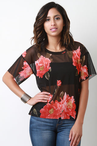 Semi-Sheer Floral Mesh Crew Neck Top