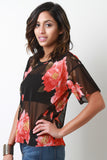 Semi-Sheer Floral Mesh Crew Neck Top