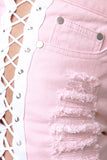Side Lace-Up Distressed High Waisted Denim Shorts