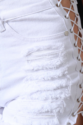 Side Lace-Up Distressed High Waisted Denim Shorts